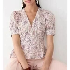 J. Crew Puff Short Sleeve V Neck Top Blouse in Ratti Paisley Garden White Purple
